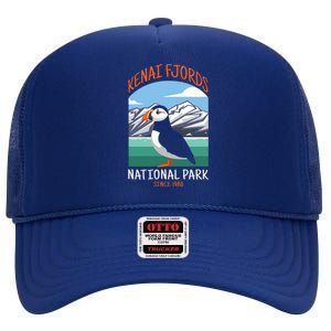 Kenai Fjords National Park Us Puffin Bird Alaska Gift High Crown Mesh Back Trucker Hat