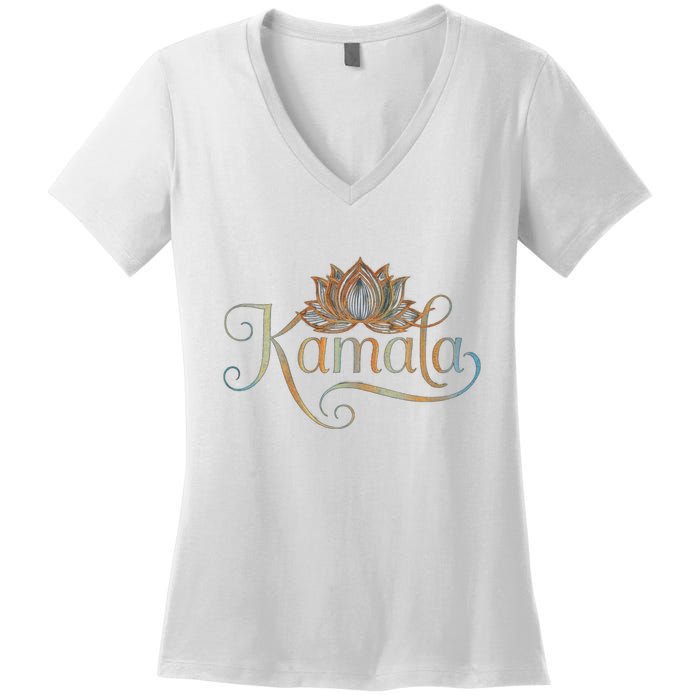 Kamala For President Lotus Flower Vote Blue 2024 Women's V-Neck T-Shirt