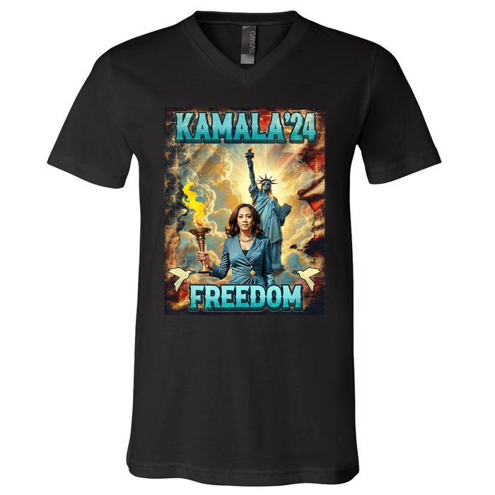 Kamala For President Slogan Statue Liberty Pro Harris V-Neck T-Shirt