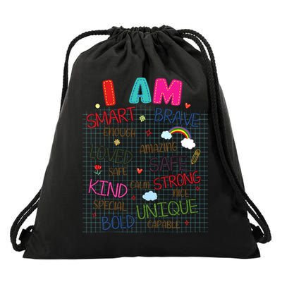 Kids Funny Positive Affirmation Inspiration Girl Boy I Am Kind Drawstring Bag