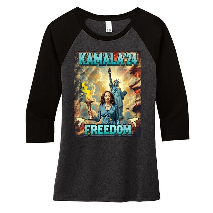 Kamala For President Slogan Statue Liberty Pro Harris Women's Tri-Blend 3/4-Sleeve Raglan Shirt