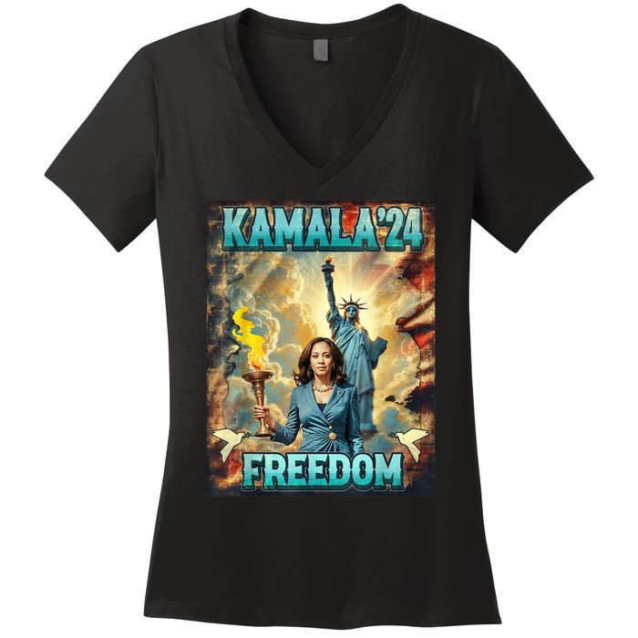 Kamala For President Slogan Statue Liberty Pro Harris Women's V-Neck T-Shirt