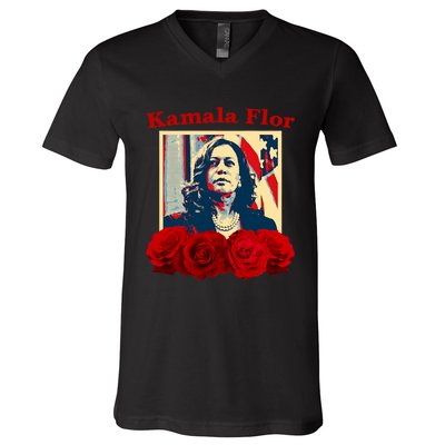 Kamala Flor Roses Kamala 2024 Im With Her V-Neck T-Shirt