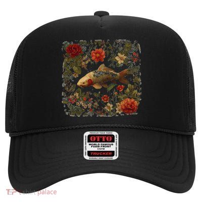 Koi Fish Surrounded By Vibrant Flowers High Crown Mesh Back Trucker Hat