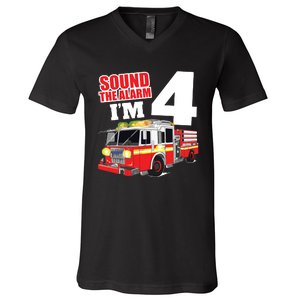 Kids Fire Truck 4th Birthday Boy Firefighter 4 Year Old V-Neck T-Shirt