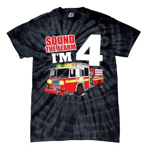 Kids Fire Truck 4th Birthday Boy Firefighter 4 Year Old Tie-Dye T-Shirt