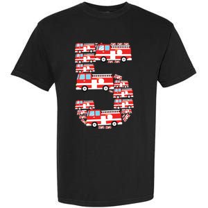 Kids Fire Truck 5th Birthday Boy 5 Year Old Firefighter Garment-Dyed Heavyweight T-Shirt