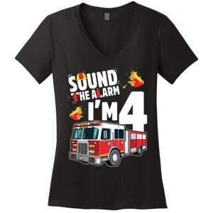 Kids Fire Truck 4th Birthday Boy Firefighter 4 Year Old Women's V-Neck T-Shirt