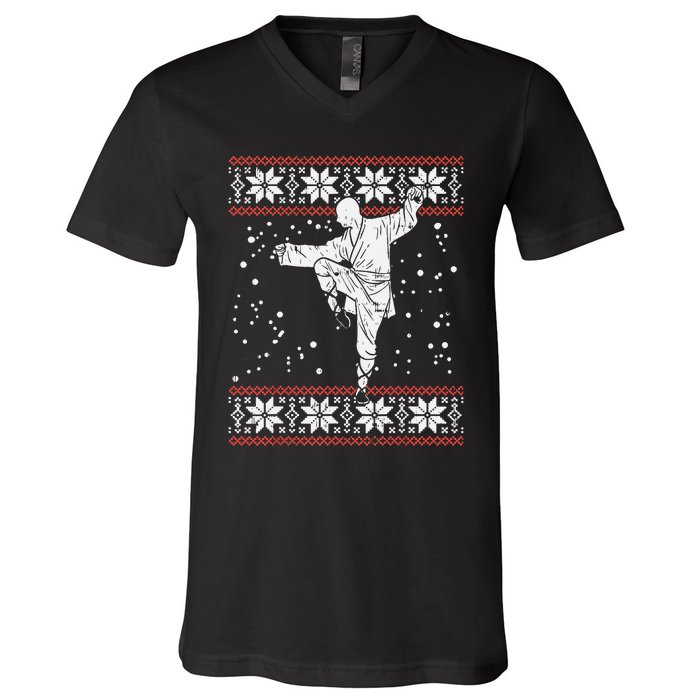 Kung Fu Ugly Christmas Sweater Martial Arts Fighter V-Neck T-Shirt