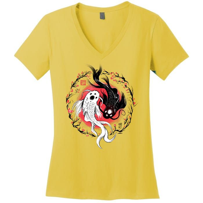 Koi Fish Ying Yang Japanese Women's V-Neck T-Shirt