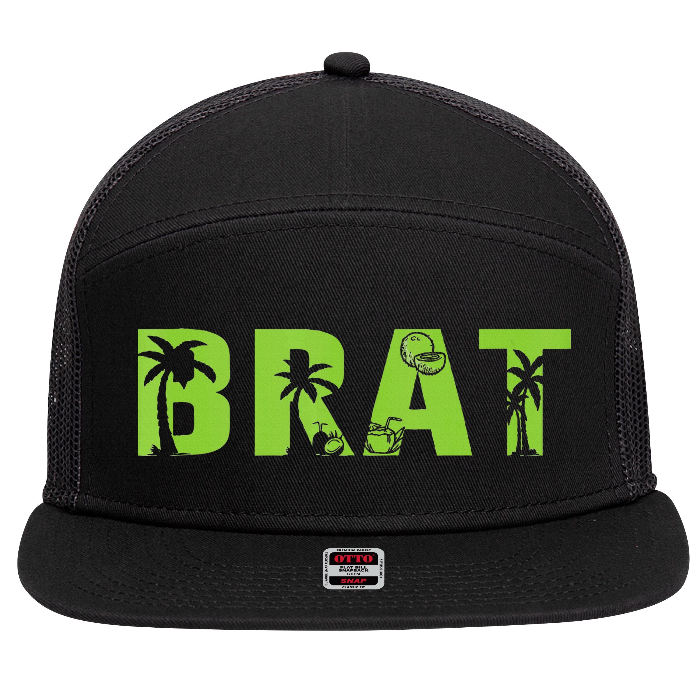 Kamala Green Brat Coconut Tree Summer Vibes 7 Panel Mesh Trucker Snapback Hat