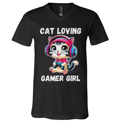 Kawaii Gamer Girl Cat Gamer For Women V-Neck T-Shirt