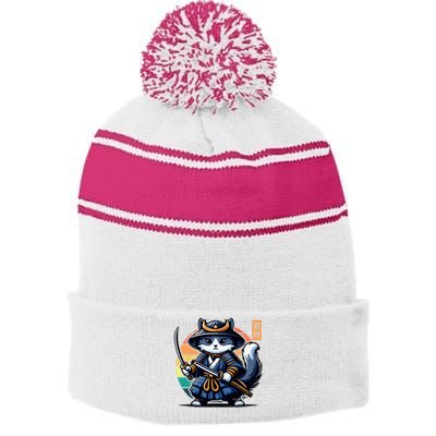 Kawaii Graphic Japanese Anime Manga Samurai Ninja Cat Stripe Pom Pom Beanie