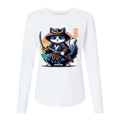 Kawaii Graphic Japanese Anime Manga Samurai Ninja Cat Womens Cotton Relaxed Long Sleeve T-Shirt