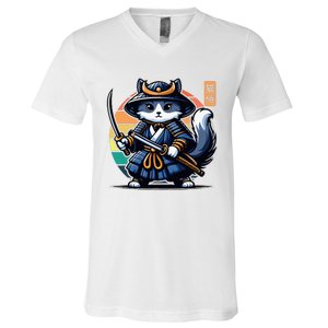 Kawaii Graphic Japanese Anime Manga Samurai Ninja Cat V-Neck T-Shirt