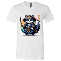 Kawaii Graphic Japanese Anime Manga Samurai Ninja Cat V-Neck T-Shirt