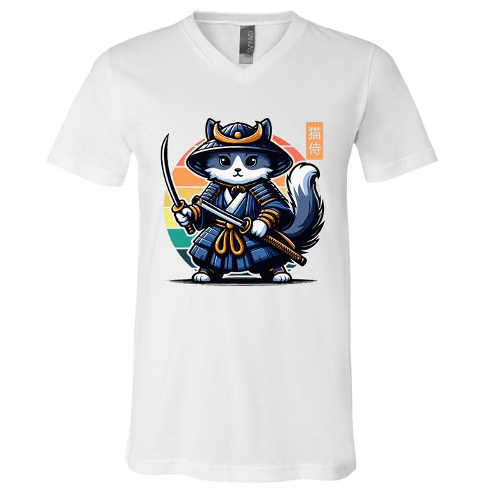 Kawaii Graphic Japanese Anime Manga Samurai Ninja Cat V-Neck T-Shirt