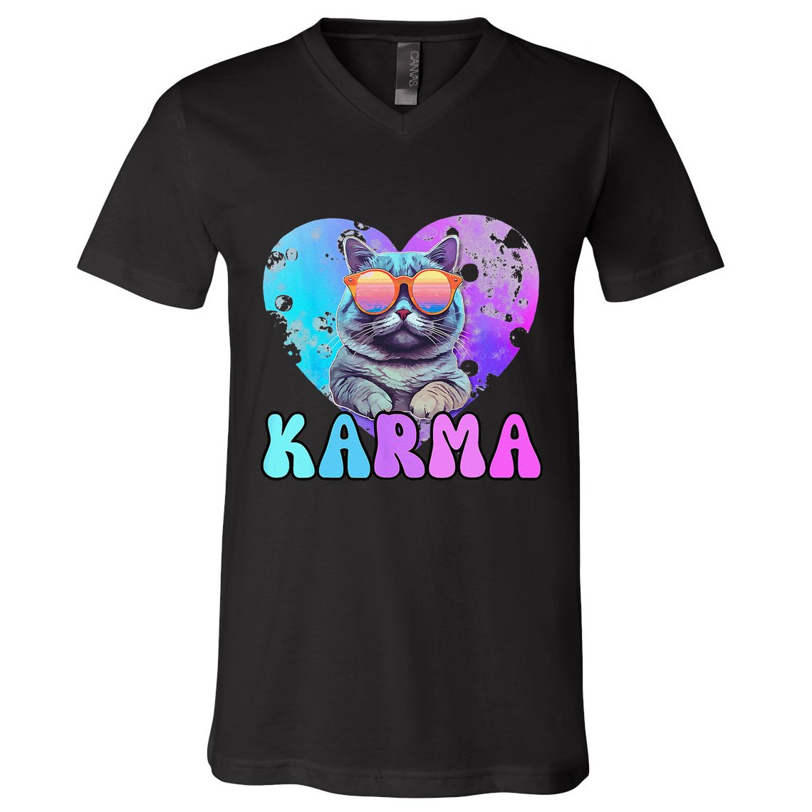 Karma Groovy Letters Concert Summer Funny Heart Cat Lover V-Neck T-Shirt
