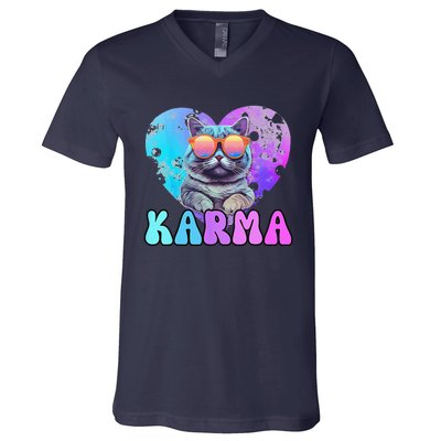 Karma Groovy Letters Concert Summer Funny Heart Cat Lover V-Neck T-Shirt