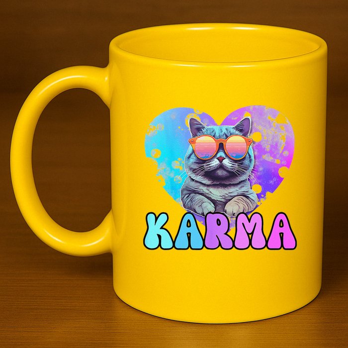 Karma Groovy Letters Concert Summer Funny Heart Cat Lover 11oz C Handle Ceramic Mug