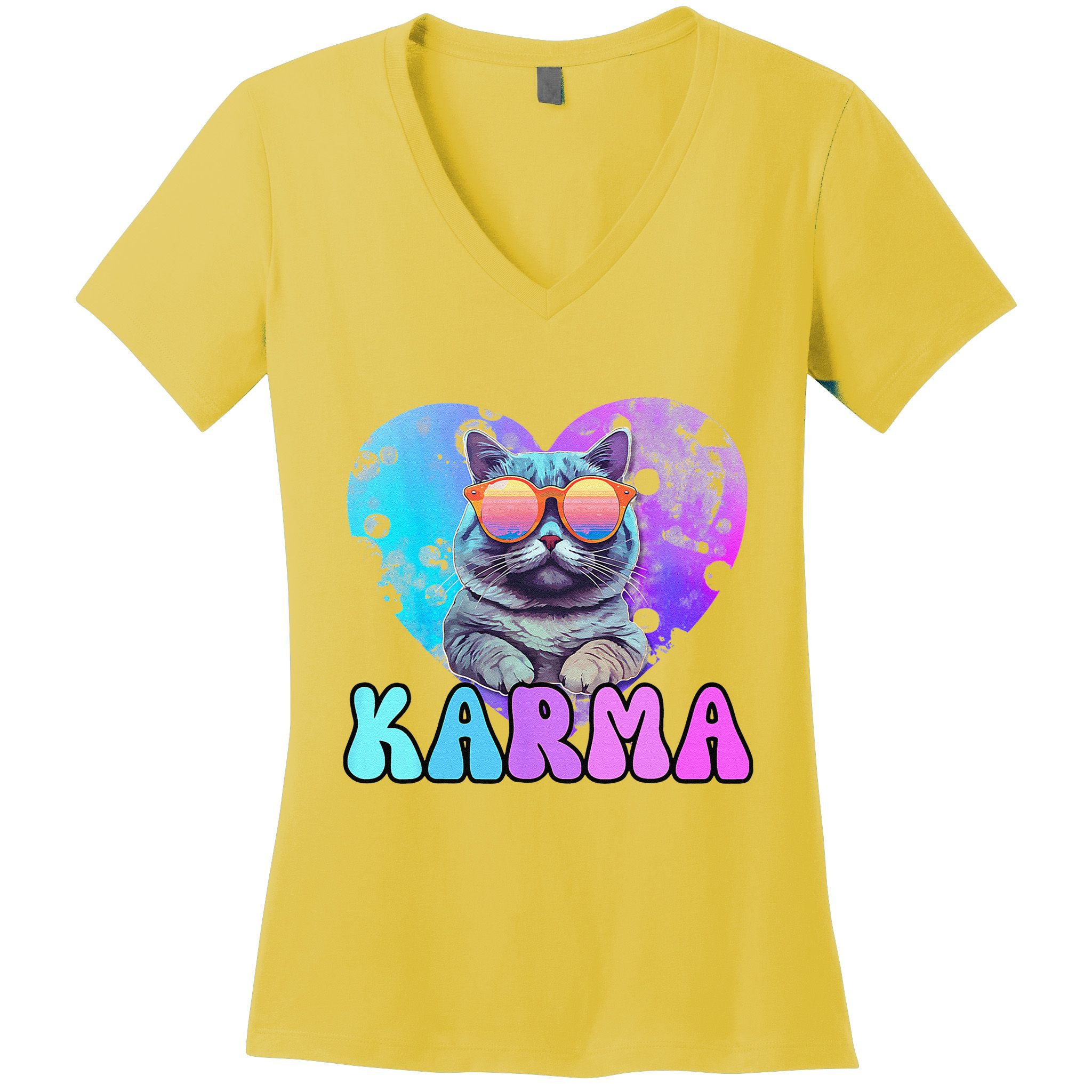 Karma Groovy Letters Concert Summer Funny Heart Cat Lover Women's V-Neck T-Shirt