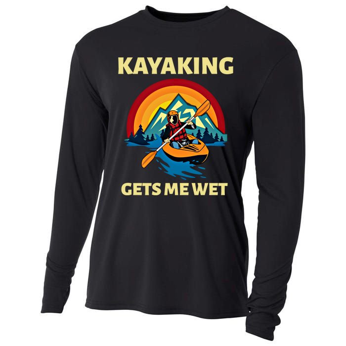 Kayaking Gets Me Wet Vintage Retro Sunset Kayak Lover Gift Cooling Performance Long Sleeve Crew