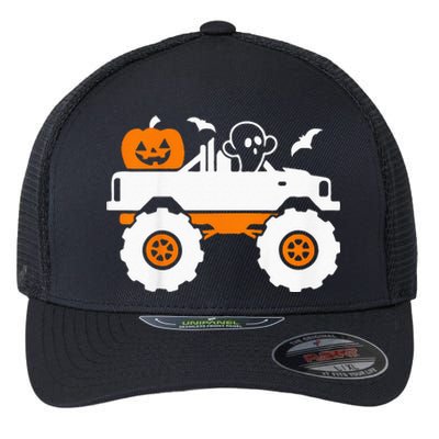 Kids Ghost Pumpkin Riding Monster Truck Lazy Halloween Costume Flexfit Unipanel Trucker Cap