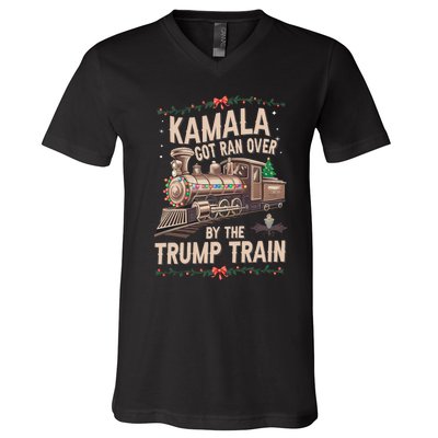 Kamala Got Ran Over By The Trump Train Christmas Holiday Xmas V-Neck T-Shirt