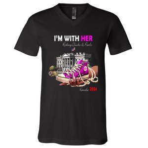 Kamala Harris 2024 IM With Her Rocking Chucks & Pearls V-Neck T-Shirt