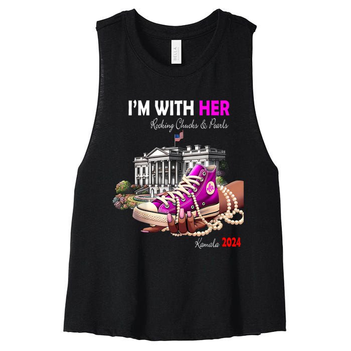 Kamala Harris 2024 IM With Her Rocking Chucks & Pearls Women's Racerback Cropped Tank