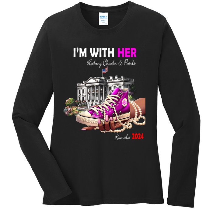 Kamala Harris 2024 IM With Her Rocking Chucks & Pearls Ladies Long Sleeve Shirt