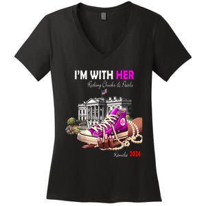 Kamala Harris 2024 IM With Her Rocking Chucks & Pearls Women's V-Neck T-Shirt