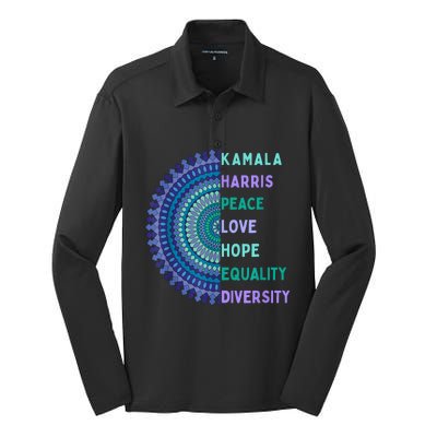 Kamala Harris 2024. Peace Love Hope Equality Diversity Silk Touch Performance Long Sleeve Polo