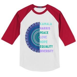 Kamala Harris 2024. Peace Love Hope Equality Diversity Kids Colorblock Raglan Jersey