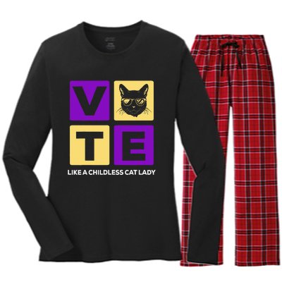 Kamala Harris 2024 Vote Like A Childless Cat Lady Women's Long Sleeve Flannel Pajama Set 