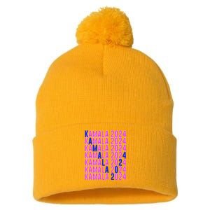 Kamala Harris 2024 Vote Democratic President Text Repeating Pom Pom 12in Knit Beanie