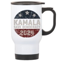 Kamala Harris 2024 Save Democracy Retro Button Election 2024 Stainless Steel Travel Mug