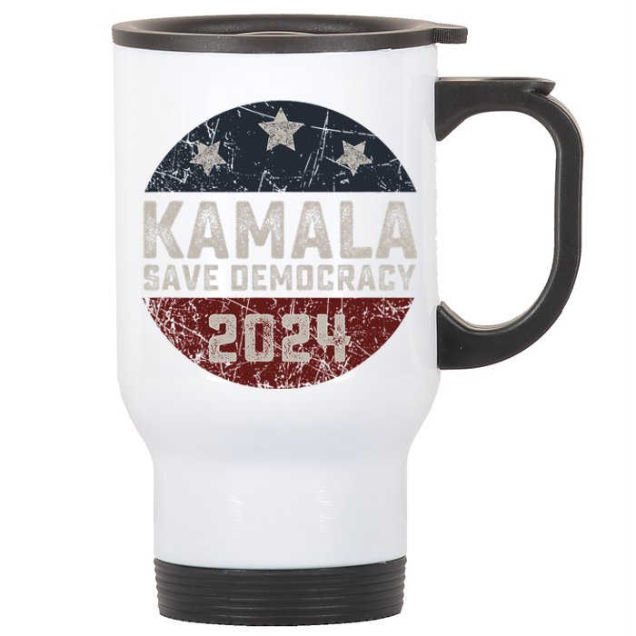 Kamala Harris 2024 Save Democracy Retro Button Election 2024 Stainless Steel Travel Mug