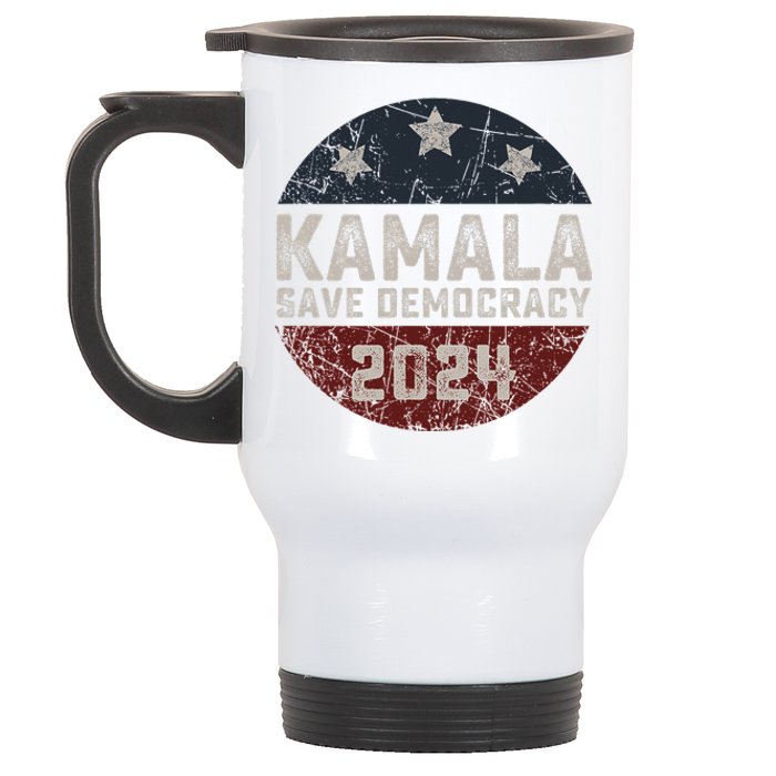 Kamala Harris 2024 Save Democracy Retro Button Election 2024 Stainless Steel Travel Mug