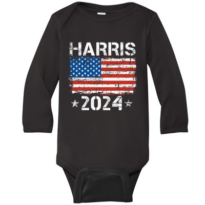 Kamala Harris 2024 American Flag Patriotic Vintage Baby Long Sleeve Bodysuit