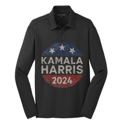 Kamala Harris 2024 For President Retro Button Election Silk Touch Performance Long Sleeve Polo