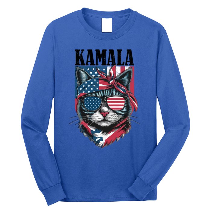 Kamala Harris 2024 Cat Lover With Sunglasses American Flag Gift Long Sleeve Shirt