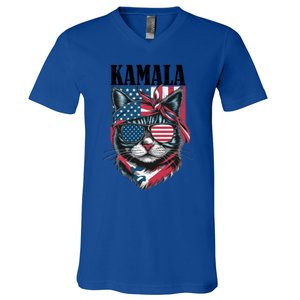 Kamala Harris 2024 Cat Lover With Sunglasses American Flag Gift V-Neck T-Shirt