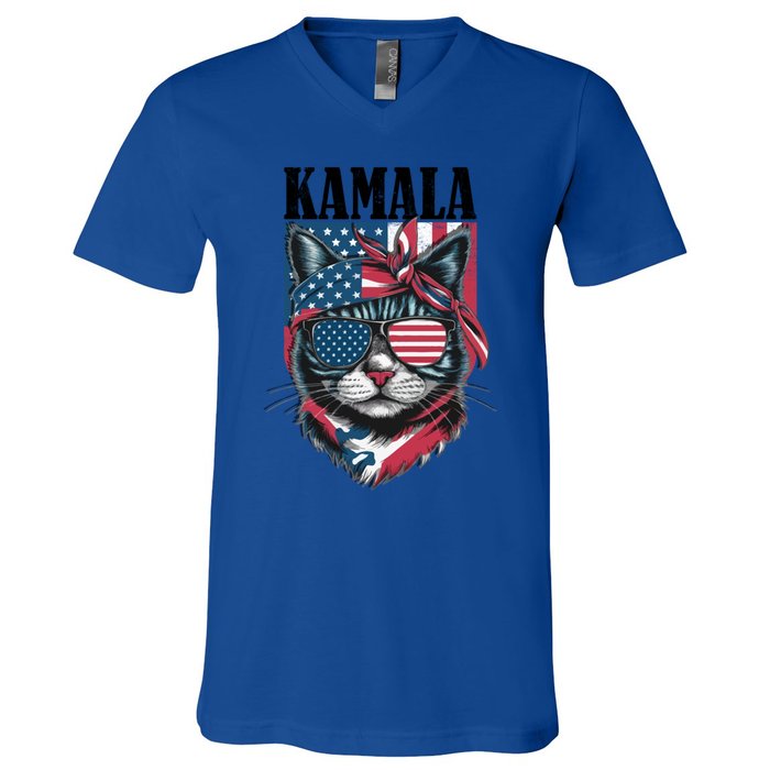 Kamala Harris 2024 Cat Lover With Sunglasses American Flag Gift V-Neck T-Shirt