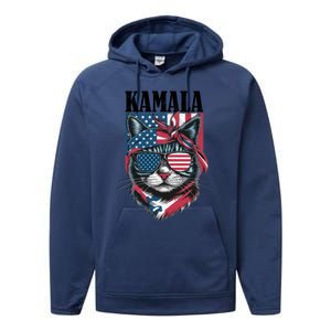 Kamala Harris 2024 Cat Lover With Sunglasses American Flag Gift Performance Fleece Hoodie