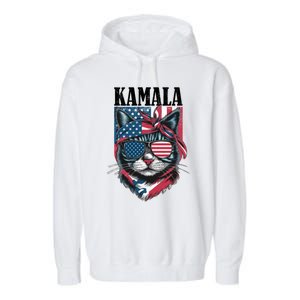 Kamala Harris 2024 Cat Lover With Sunglasses American Flag Gift Garment-Dyed Fleece Hoodie