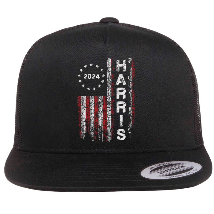 Kamala Harris 2024 For President Campaign Us Flag Vintage Flat Bill Trucker Hat