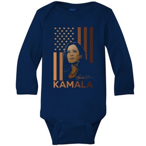 Kamala Harris 2024 American Flag Madam President Melanin Great Gift Baby Long Sleeve Bodysuit