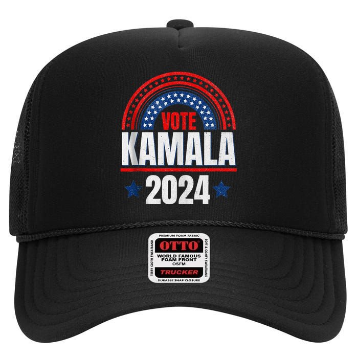 Kamala Harris 2024 Vote For President Election Retro Rainbow High Crown Mesh Back Trucker Hat