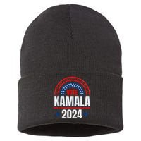 Kamala Harris 2024 Vote For President Election Retro Rainbow Sustainable Knit Beanie